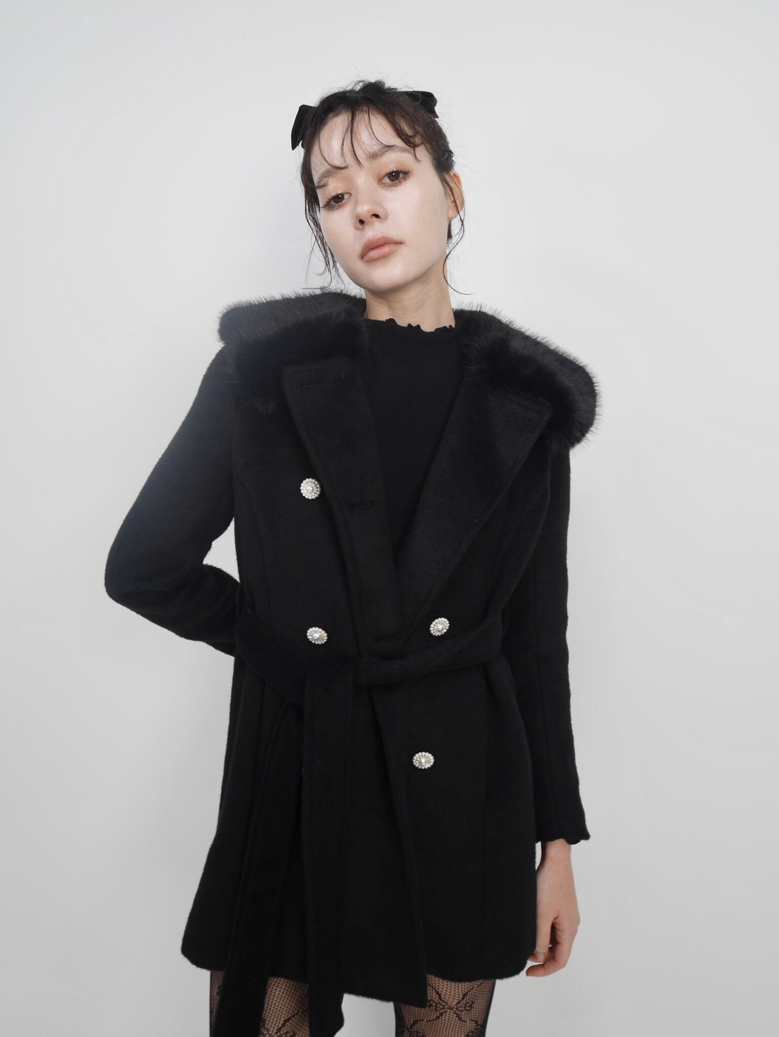 fur collar bijou coat -black- | mieya mieya