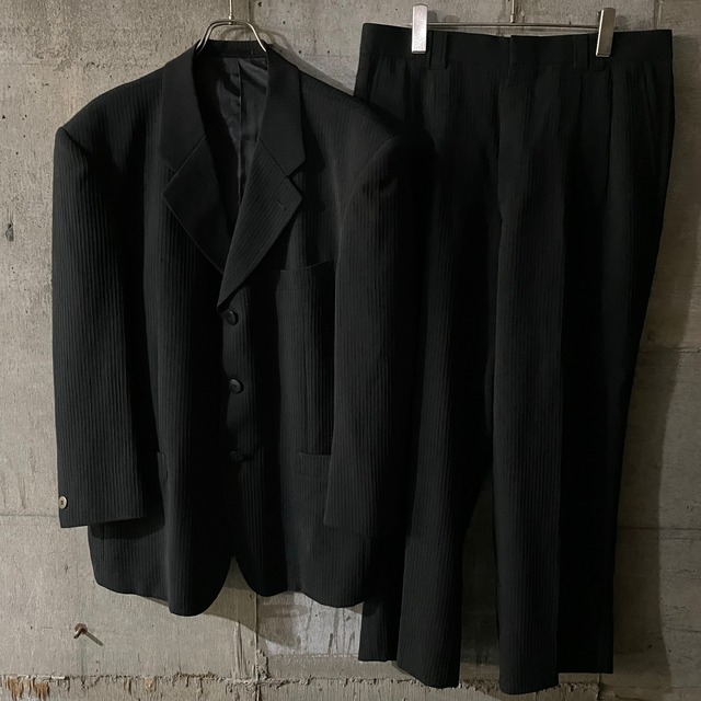 〖vintage〗blackcolor pleats design setup suit/ブラックカラー プリーツ デザイン セットアップ スーツ/msize/#0404