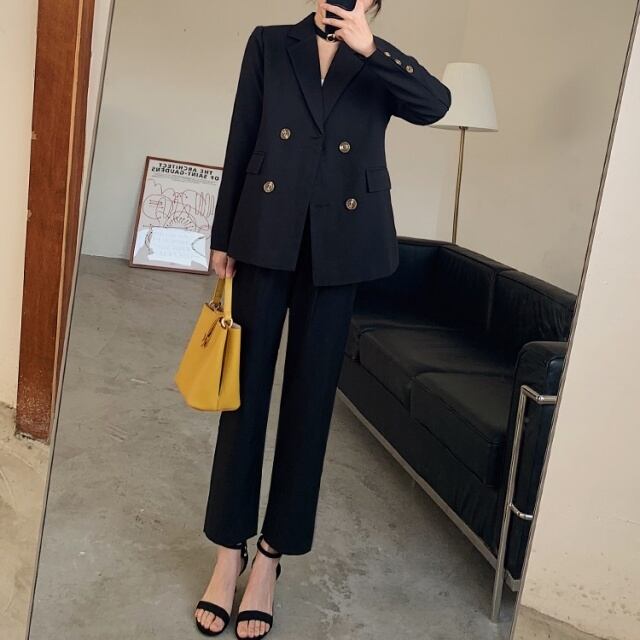 【予約販売】セットアップ ジャケット パンツ スーツ グレー ブラック ベージュ 上下 レディース 前ボタン オフィス カジュアル 体型カバー こなれ感 大人可愛い シンプル おしゃれ 韓国 OL ビジネス 春 夏 秋 冬 トレンド S/M/L/XL