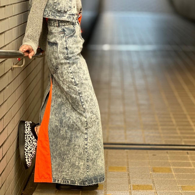 orange -denim long skirt-