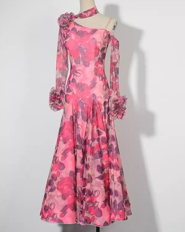 ワンショルダー ロングスリーブ フラワープリント ダンスロングワンピース ds1493