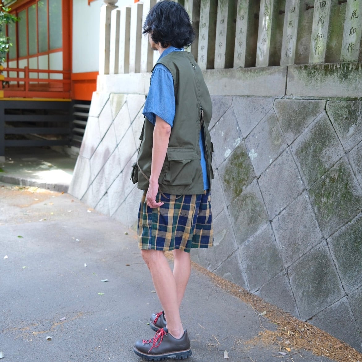 KENNETH FIELD(ケネスフィールド) /SHORTS handloom madras-KHAKI