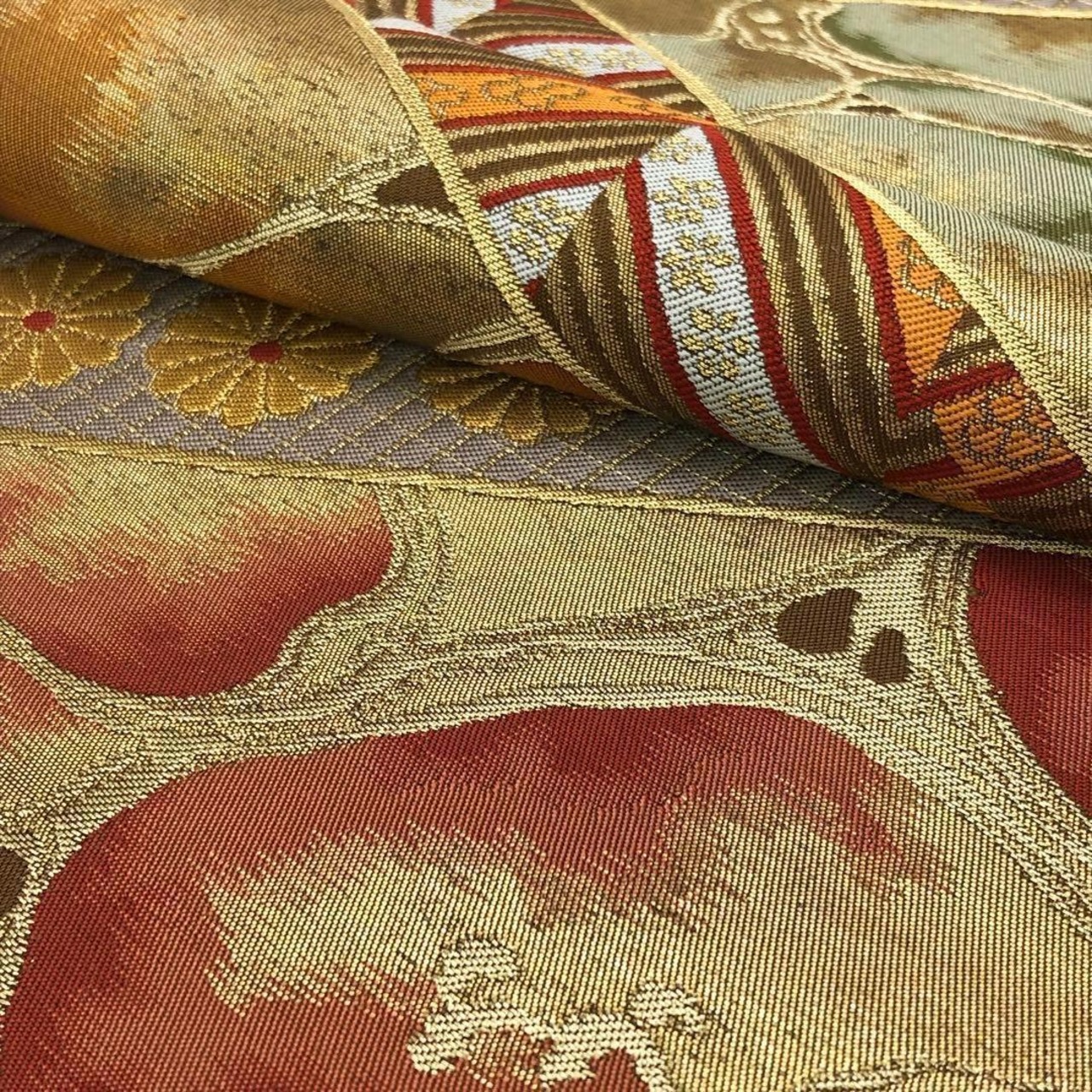 袋帯 北出工房 北出与三郎 花模様 菊 唐金色 O-3493 | リユース着物  