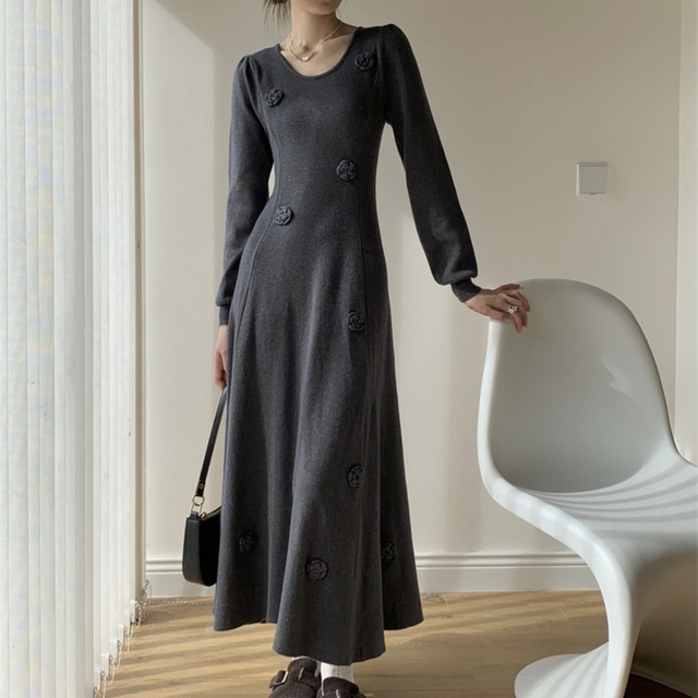 <2colors>Long knit dress with flowers