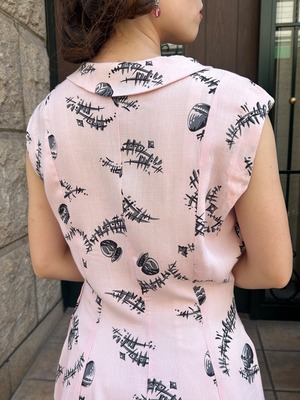 50's black×pink novelty print dress