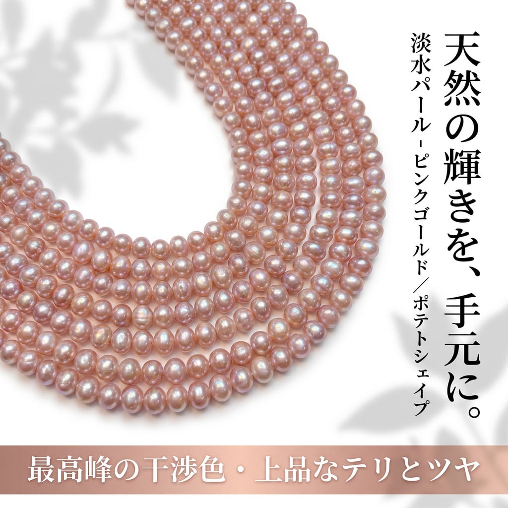 【極上のニュアンスカラー】華やかなピンクゴールドの輝き！使いやすい6x5mmポテト型淡水パール（39cm） | P0045