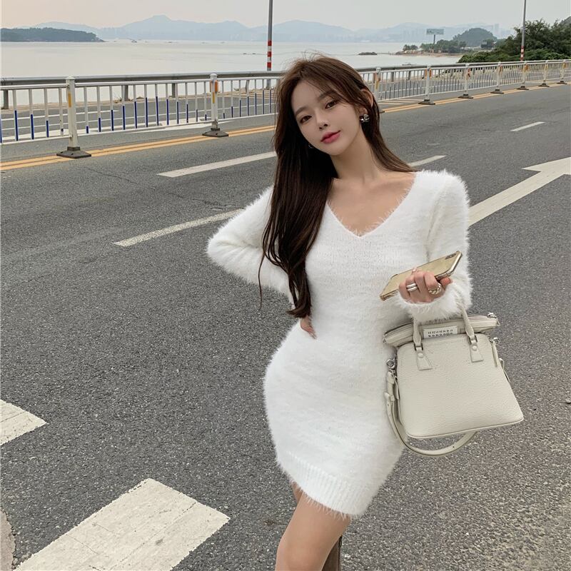 ニットセーター スカート ドレス オータムウィンターショートVネック ロング 秋物 冬物 ブラックストロベリース6371873200