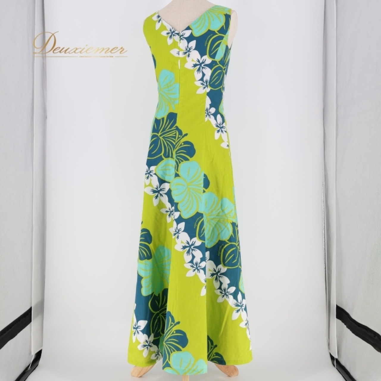 フラダンス 衣装 ワンピース ドレス マーメイドライン エムエムジェイ グリーン系 MermaidLine MMJ 日本製 ノースリーブ 2WAY フリル ハイビスカス柄 プルメリア柄 かわいい 華やか 鮮やか 明るい 緑 黄緑 ハワイアン アロハ レッスン