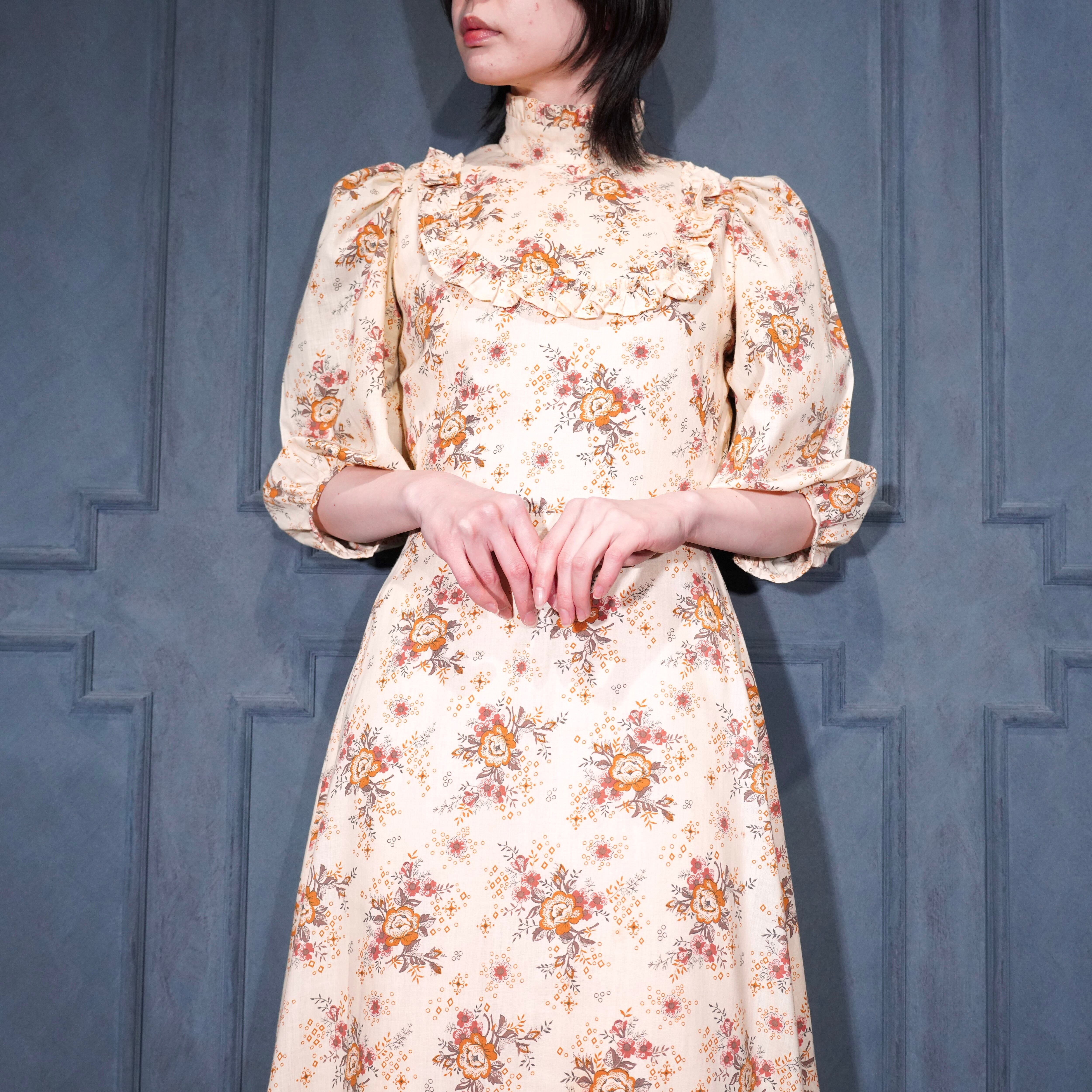 vintage ヴィンテージ ワンピース フリル ベルト紐 レトロ USA 古着 70's USA VINTAGE FLOWER PATTERNED FRILL DESIGN COTTON DRESS ONE