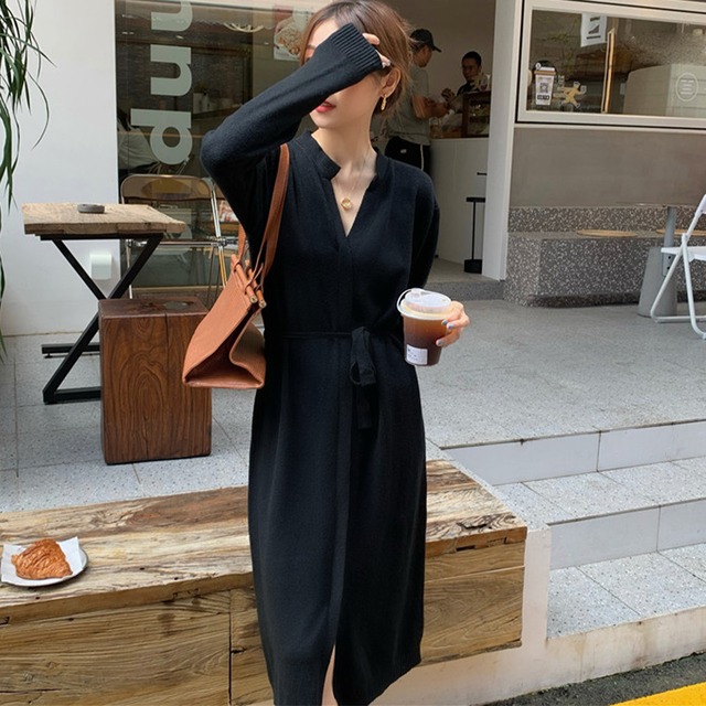 ニットワンピース レディース 送料無料 ミモレ丈 長袖 vネック 秋冬 123999