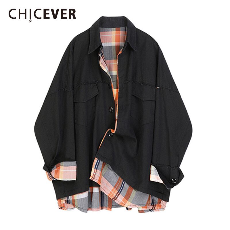 CHICEVERパッチワークチェック柄コートレディースラペルルーズブラックラージサイズフェイクツーコート2020タイド 大きめサイズ 6base51311624912