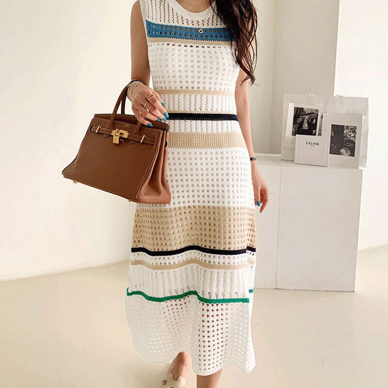 3色 ワンピース レディース ロングワンピース 3カラー フリーサイズ ホワイト ブラック カーキ カラバリ 2点セット インナー付き ロング丈 ノースリーブ ニットワンピース サマードレス サマーニット ボーダー ストライプ マルチカラー 透け感 ローゲージ スタイルアップ 体型カバー シンプル カジュアル フェミニン 大人可愛い おしゃれ 普段使い イベント デート お出かけ 女子会 休日 旅行 リゾート ビーチ 着まわし ファッション コーデ スタイル モテ 送料無料 こなれ感 涼しい 春 夏