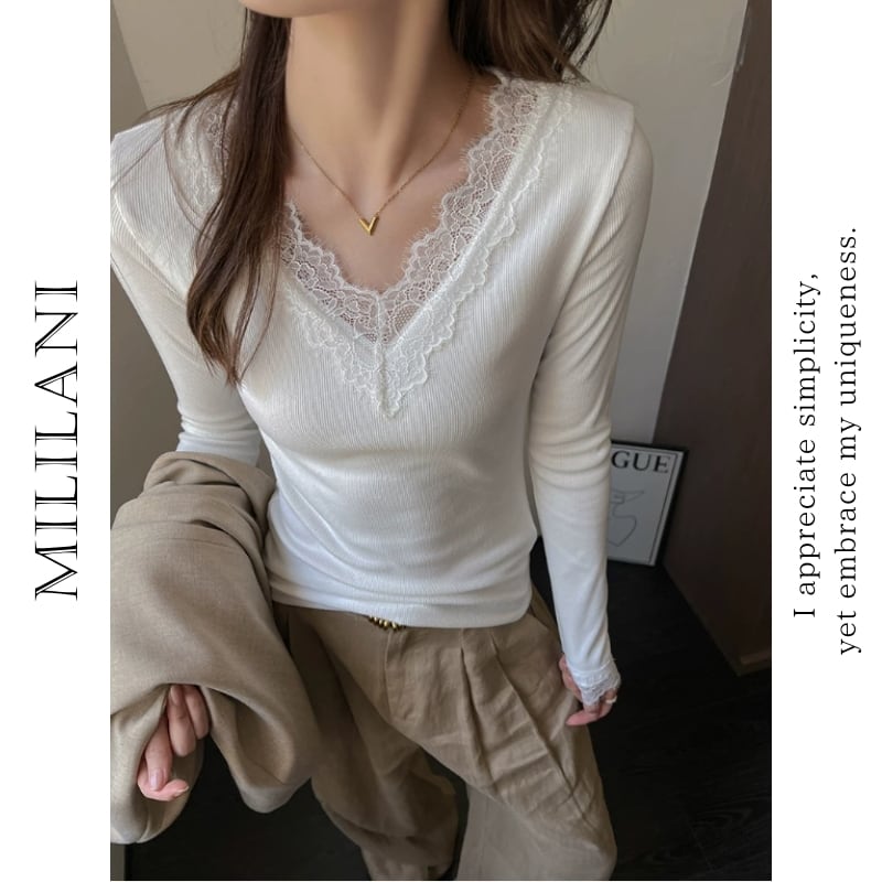 V-neck Lace Trimming Long Sleeve Cut and Sew ◆2color 204580