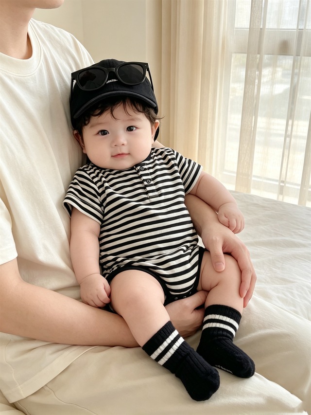 【BABY】ストライプヘンリーネック半袖ボディスーツ - 6