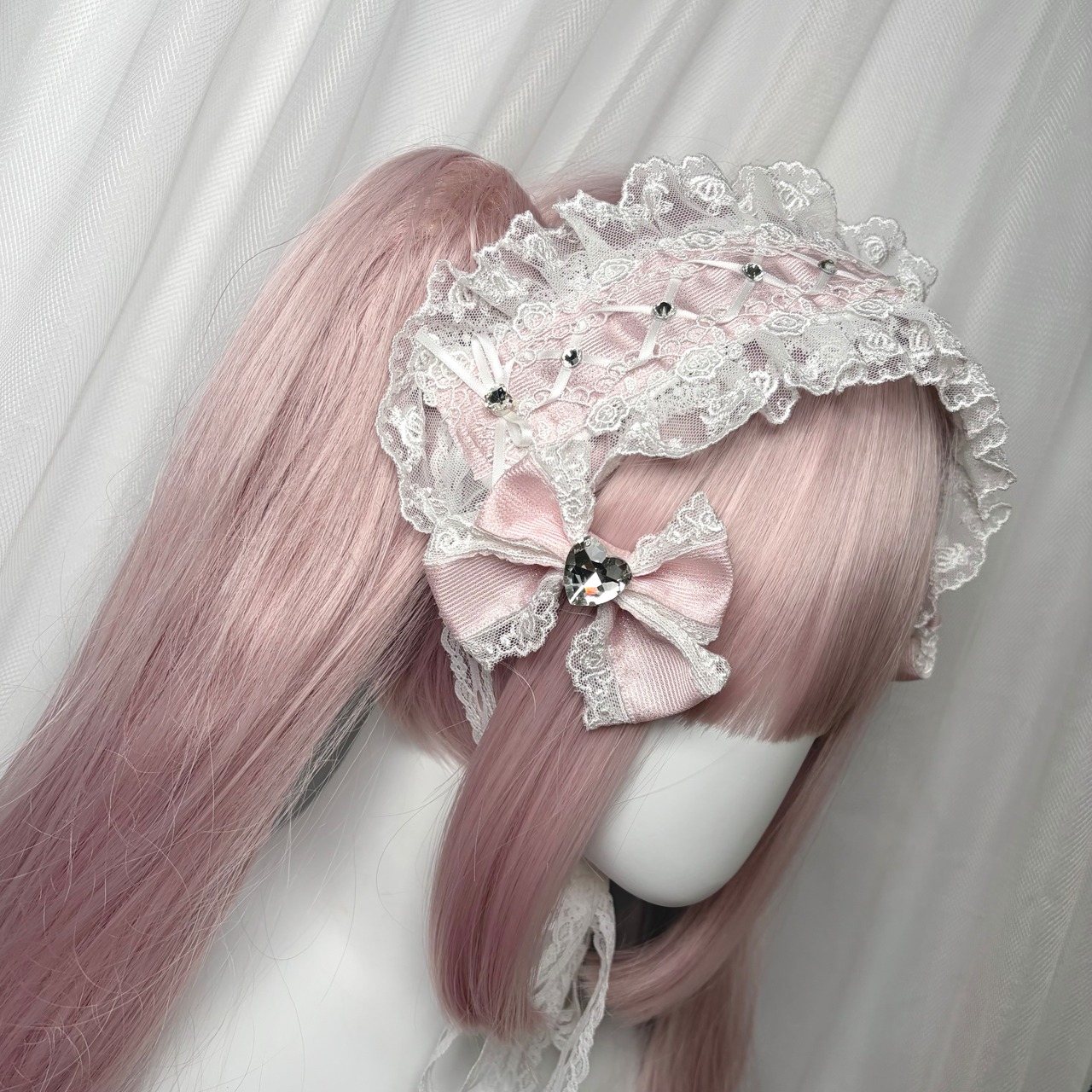 ♡【Sayakadoll by saya Original】一点のみ ホワイトレース 薔薇刺繍 編み上げリボン＆クリスタルハート フリルラメリボン2wayヘッドドレス white×pink ♡