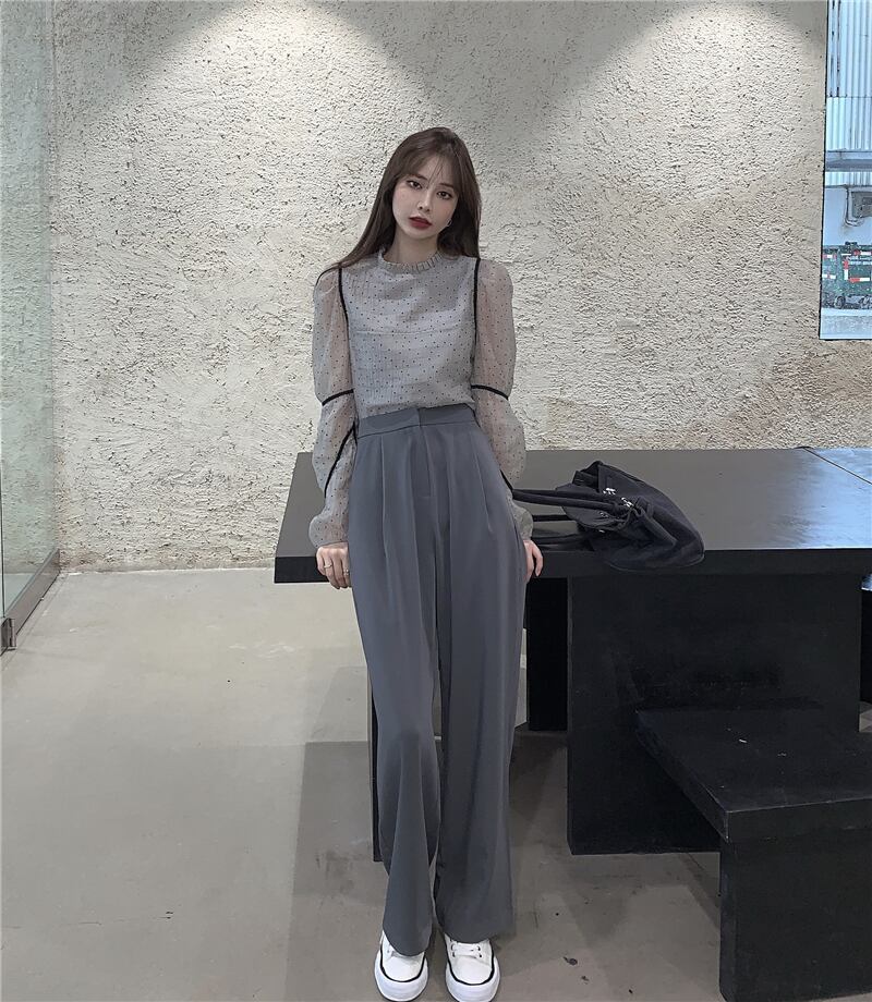 ショート水玉シャツ スプリングスリムトップス ロング 春物 ステッチ ブラックストロベリース3315440571