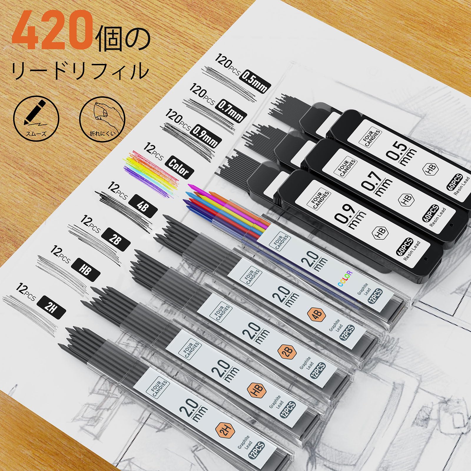 Four Candies 金属製シャープペンシル セット 0.5mm、0.7mm、0.9mm 各1