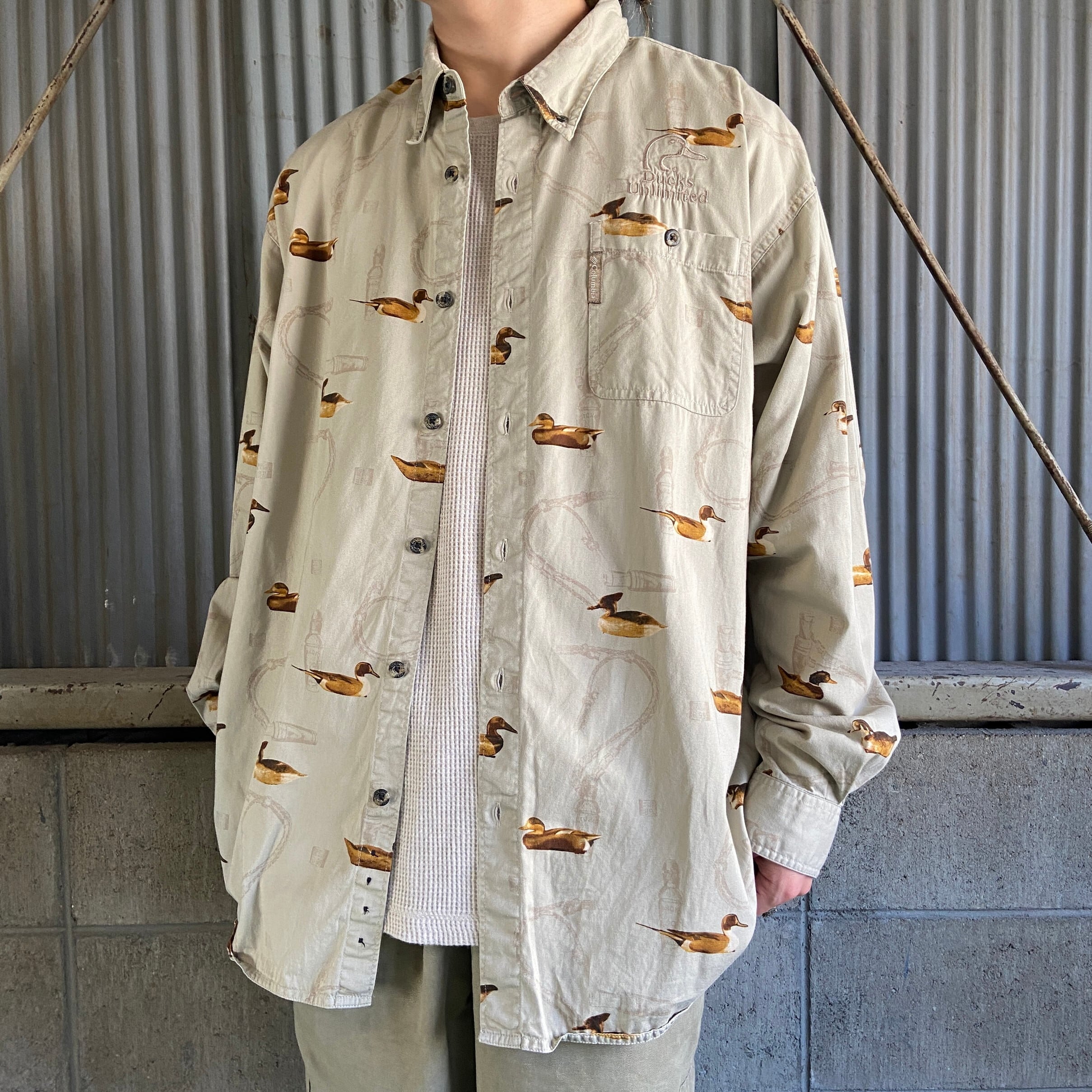 Columbia コロンビア 鳥 アニマル 総柄 カモ 長袖コットンシャツ 