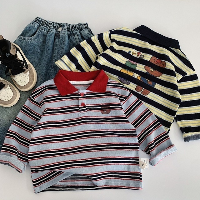 【KID】秋新作ボーダー柄ポロシャツ キッズ男の子 長袖トップス