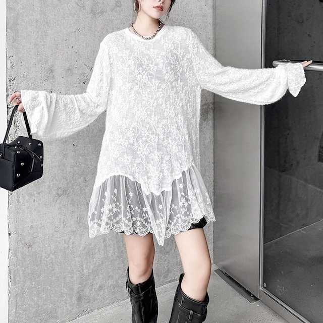 LACE MESH FLARE SLEEVES ASYMMETRIC MIDI DRESS M-18105