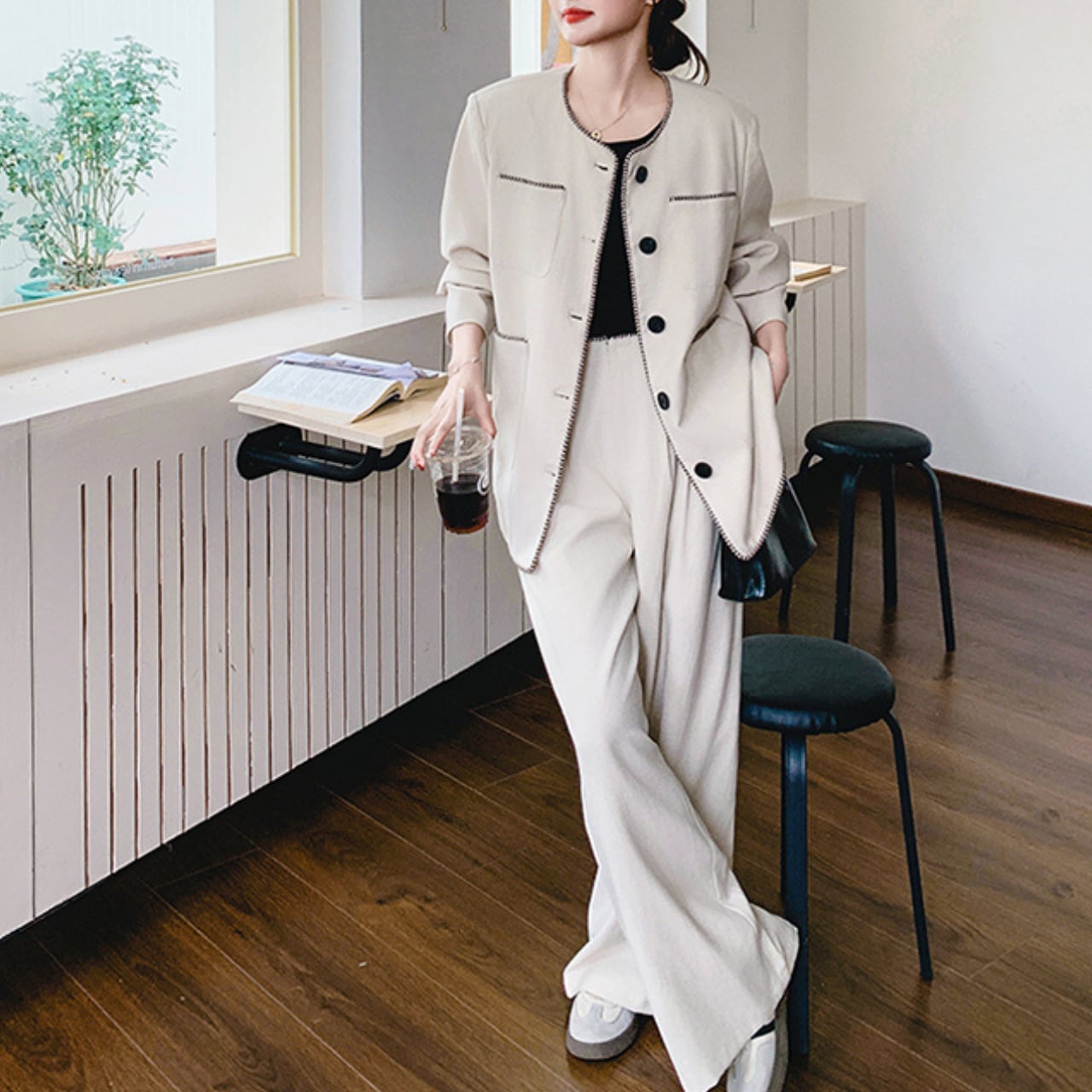 Collarless jacket & wide pants set S1651