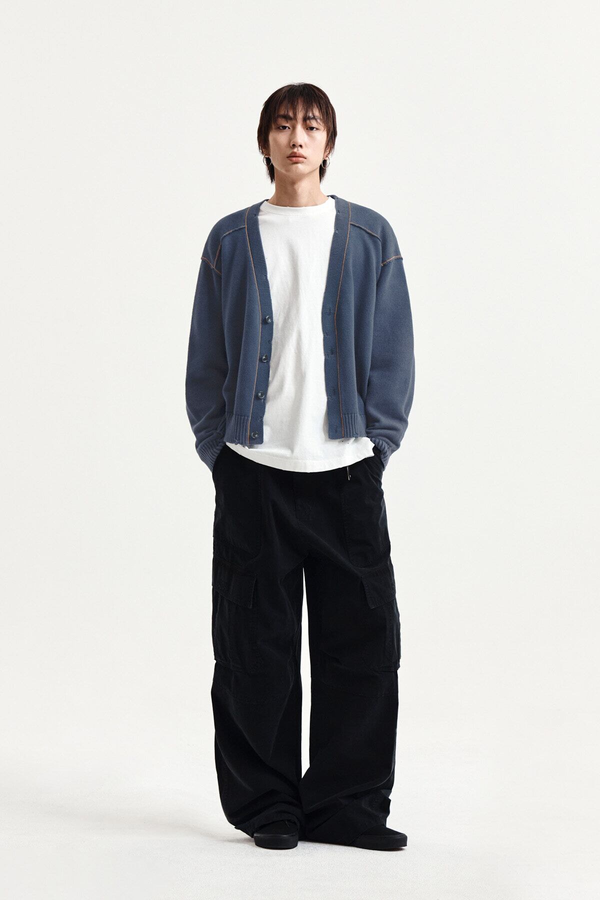Matin Kim] BACK LOGO LINE POINT KNIT CARDIGAN IN SMOKE BLUE 正規品
