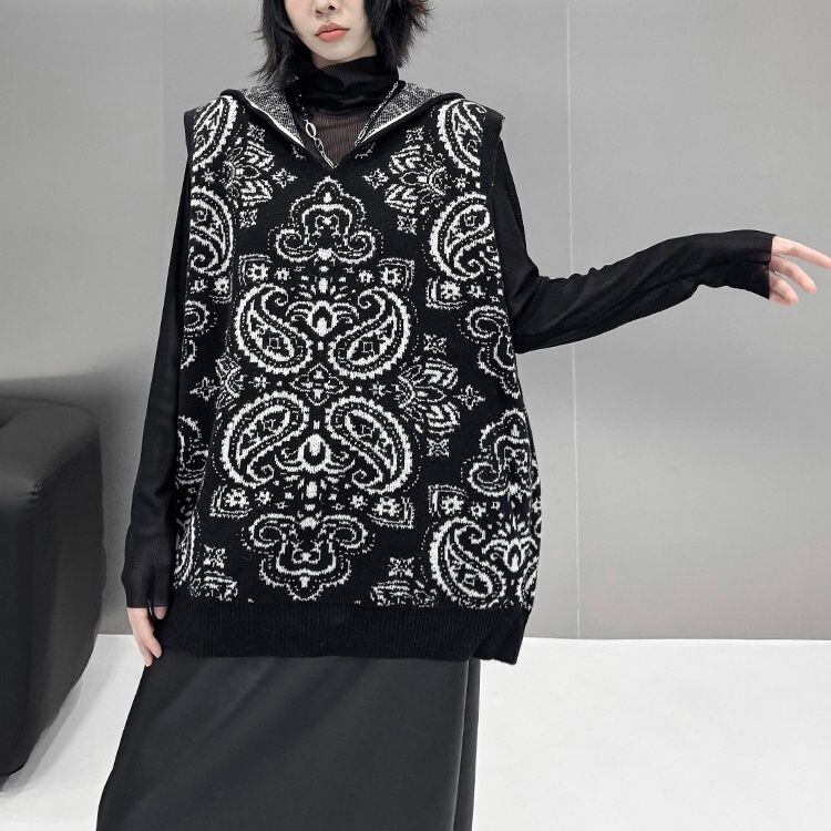 PAISLEY PATTERN HOODED OVERSIZED PULLOVER KNIT VEST 1color M-15300