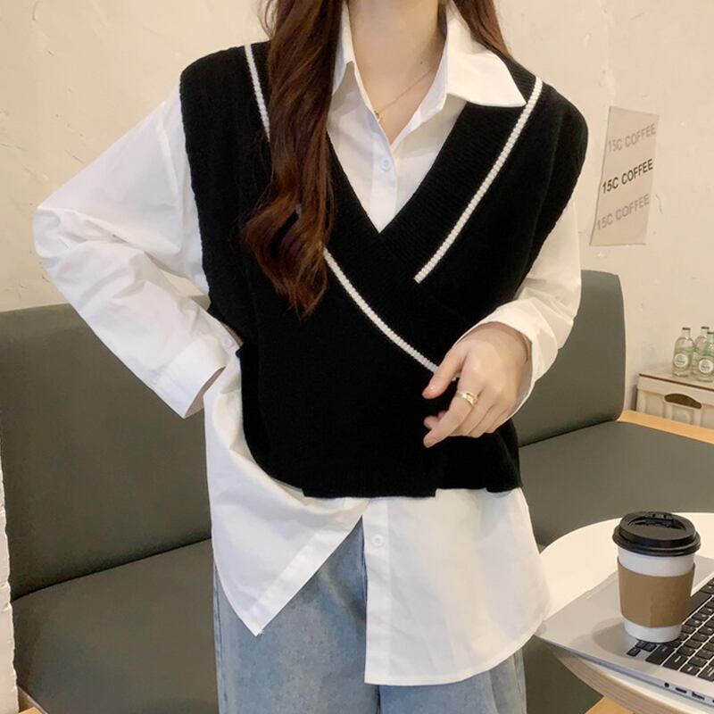 ブラックVネックニットスプリングオータムセーター シャツ 春物 秋物 スーパーモール86170055276