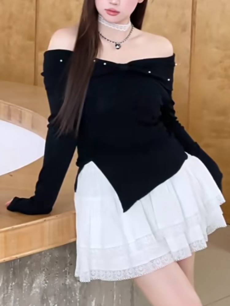 デコルテで魅せる甘辛バランス パール付きオフショルダートップス 細見え 大人可愛い おしゃれ トレンド 体型カバー 大きいサイズ 韓国 CH11554