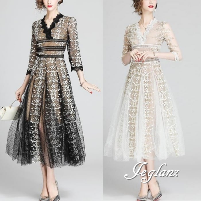 パーティ ワンピース ドレス 水玉 チュール リーフ柄 立体感 3色(M0205)ζ