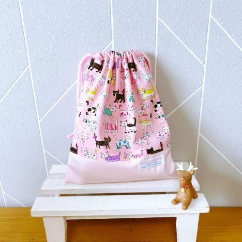 受注作成】入園入学 給食袋、ランチョンマットセット（ピンク猫