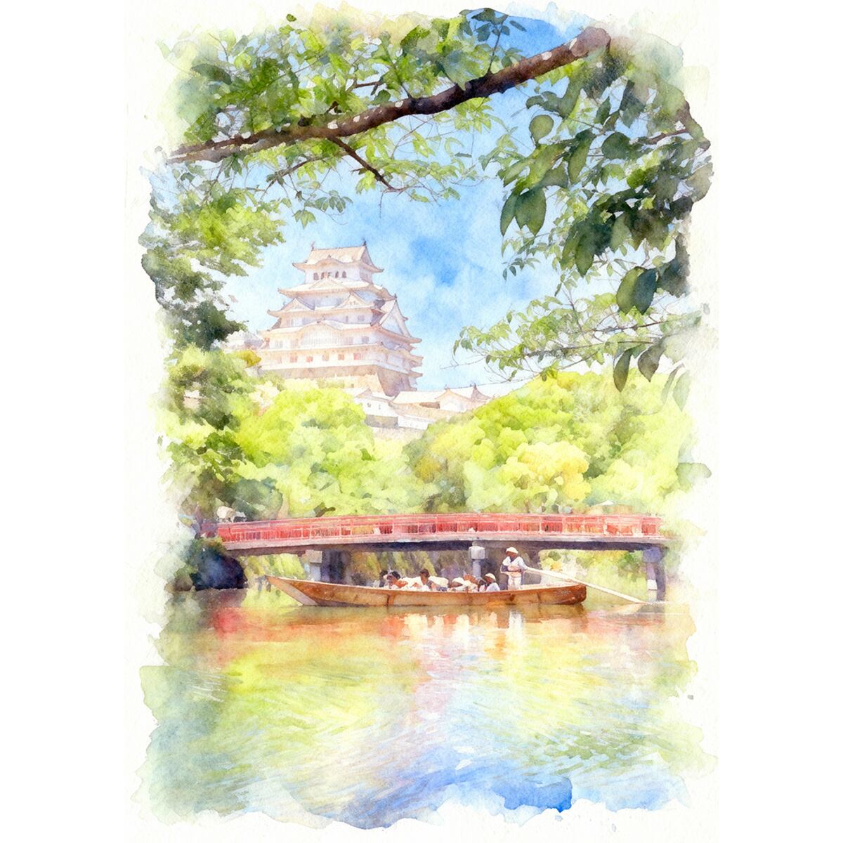 絵画 風景画 日本の城 兵庫県姫路城 インテリアアート額付き 水彩画