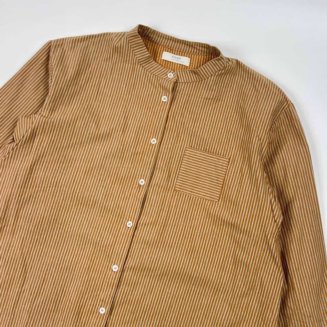 Sisam シサム ストライプ バンドカラー オーガニック コットン 長袖シャツ/レディース
