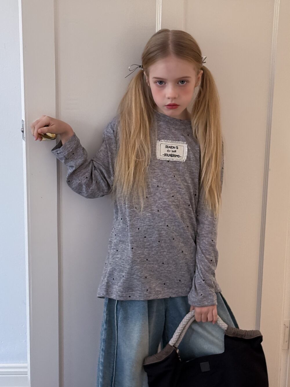 2colorフリンジタグドット薄手トップス