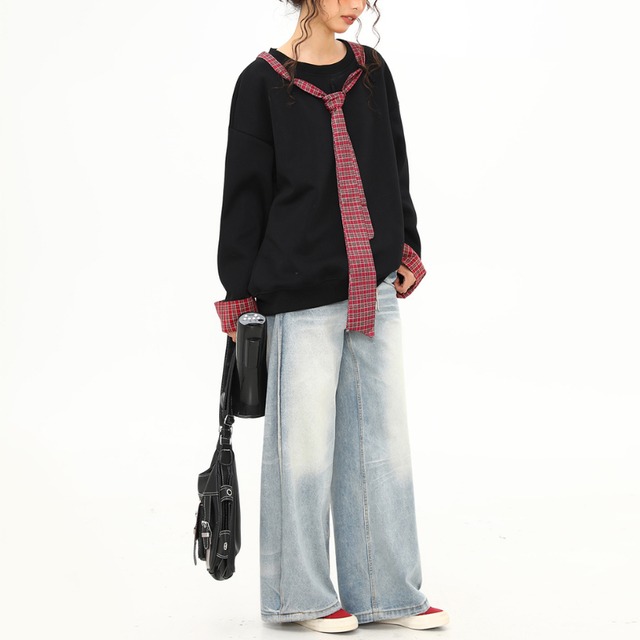 checked ribbon design loose sweatshirt　チェック柄リボンデザインルーズスウェットシャツ　J1526