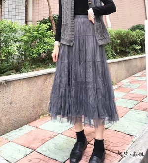 ウェーブプリーツ チュール重ねスカート　AJ11394-1686