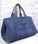 ◆PRADA プラダ CANAPA L カナパ 大容量 サイド開閉 デニム地 ショッパー トート ハンド バッグ 青x黒◆ 使い勝手抜群!大容量の定番モデル♪