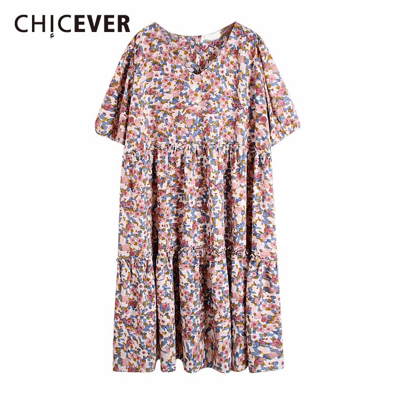 CHICEVERプリントヒットカラーレディースドレスVネック半袖ルーズウエストミディドレスサマーウェア2020 ショート ハーフスリーブ 夏物 6base551760550462