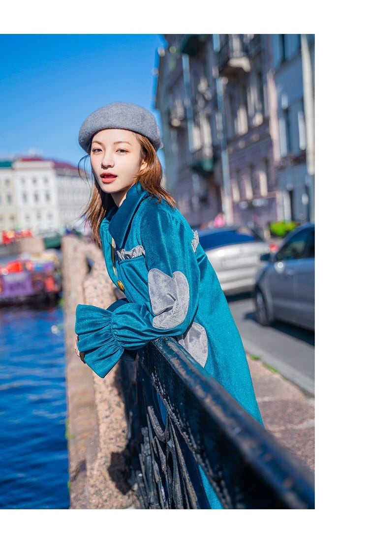 2カラー】ベルベット ロング コート ハート ワインレッド 赤 ポケット