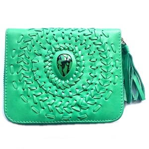 ボヘミアン レザー タッセル付 ウォレット(ターコイズグリーン×サークル刺繍ターコイズ) 本革 財布 二つ折り財布 【バリ島直輸入】