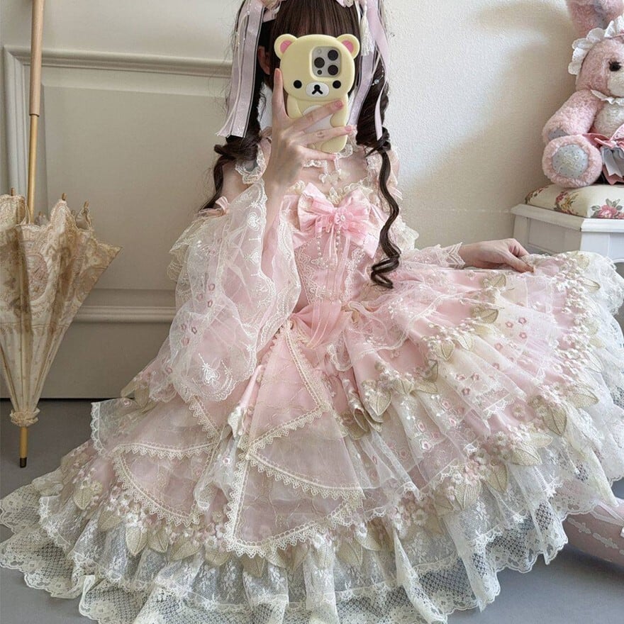 甘ロリJSK チョーカー 姫袖付き ピンク 多層フリルレース姫系ロリータ