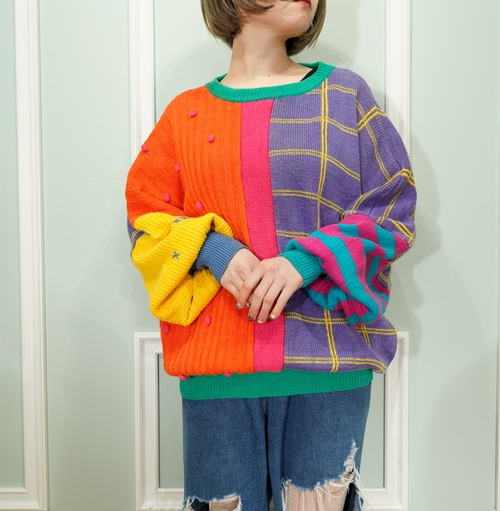 USA VINTAGE BONNIE BOERER P･Ꭱ･E･Ꭲ CRAZY PATTERNED DESIGN COTTON RAMIE KNIT/アメリカ古着クレイジーパターンデザインコットンラミーニット