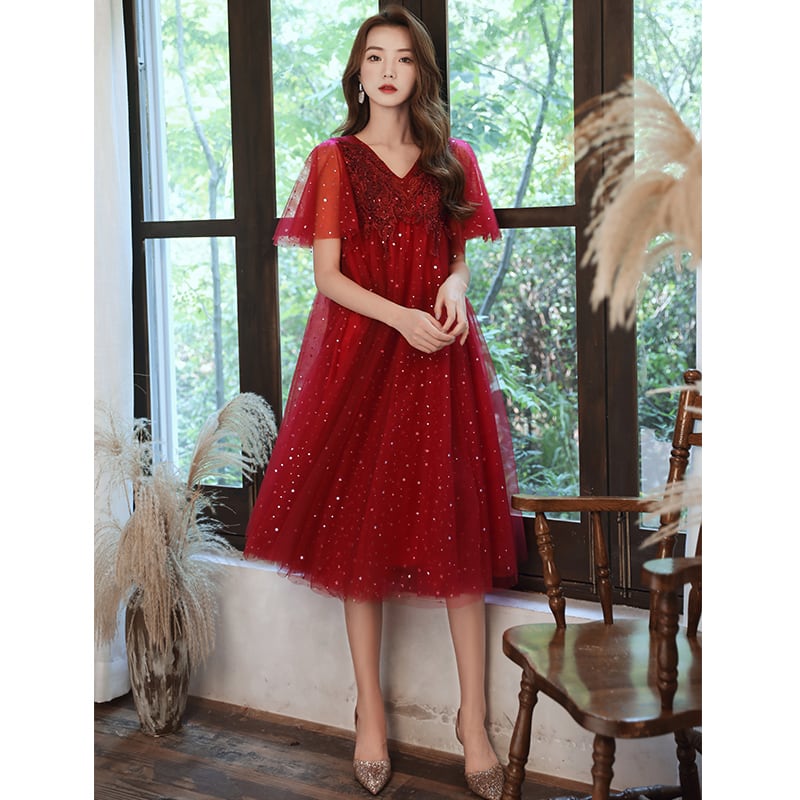 ワインレッド スパンコール ミディドレス