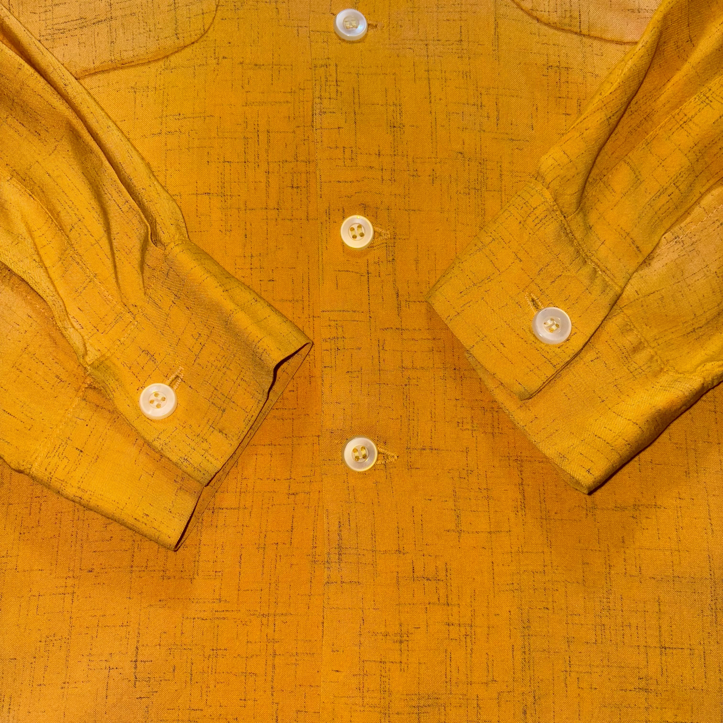 vintage 1950's kasuri pattern mustard color rayon open collar