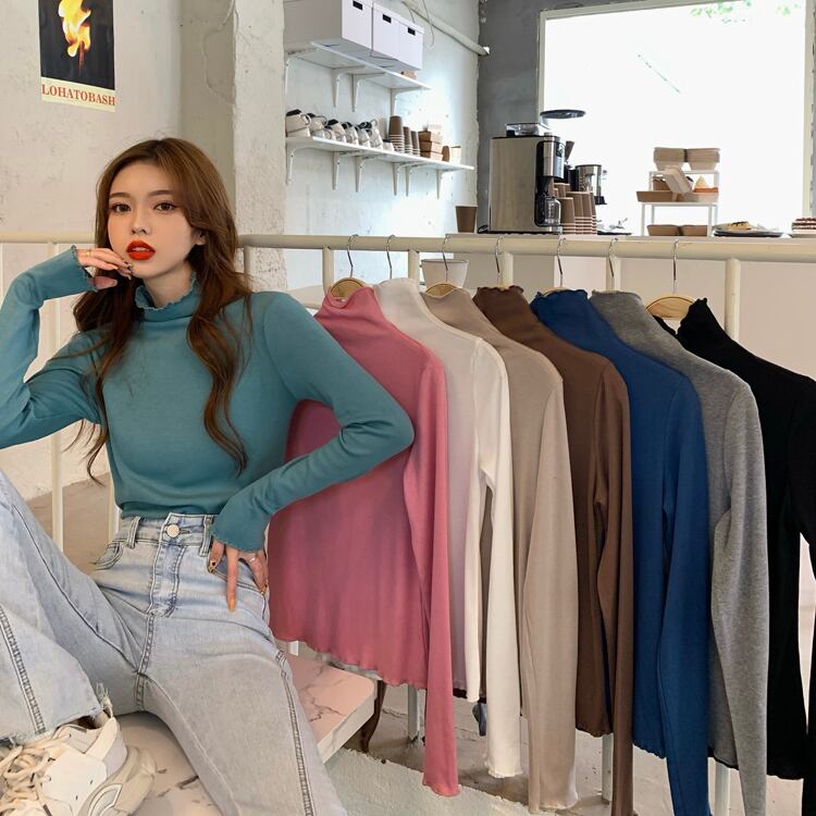 2020年秋冬新バージョンのレトロな厚手の起毛無地レーストップハイネックスリムフィットエインスタイルベースシャツ ドラファッションホール73445597587