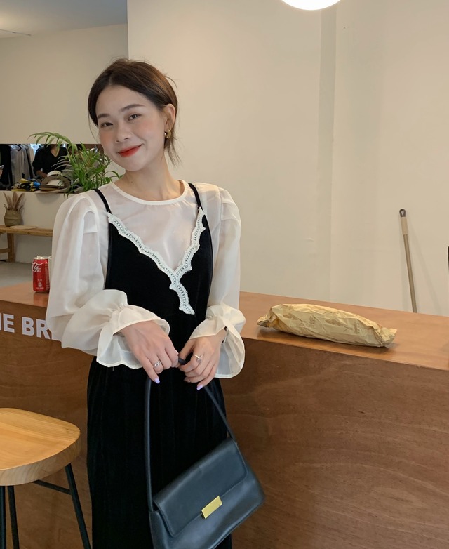 セットアップ ワンピース ブラウス シースルー 長袖 ロング丈 キャミワンピ レース Vネック ラウンドネック 春 秋 ベルベット 個性的 カジュアル シンプル おしゃれ 大人可愛い かわいい 10代 20代 30代