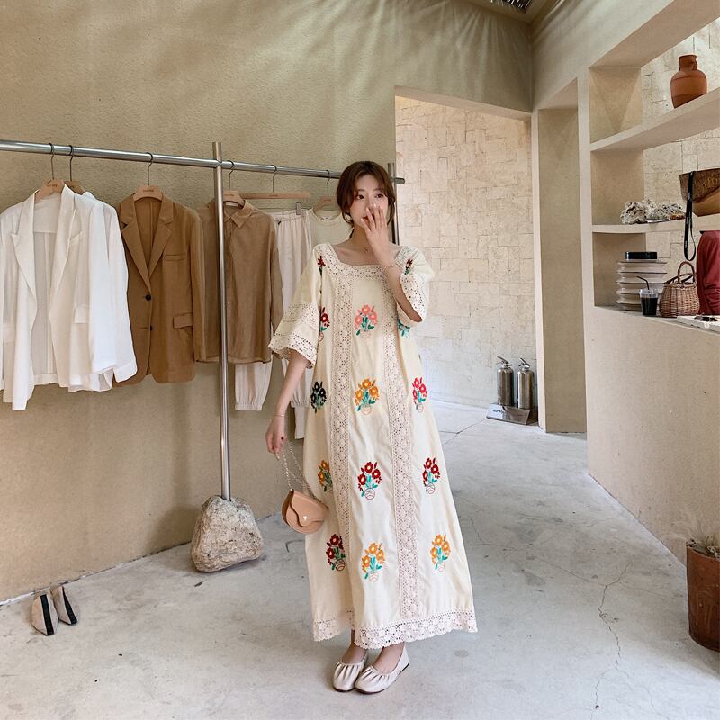 スタンダードスタイルスカート ボヘミアンドレス レースロングサマー レッド コットン レトロ 刺繍 夏物 延命家ファッション1089058