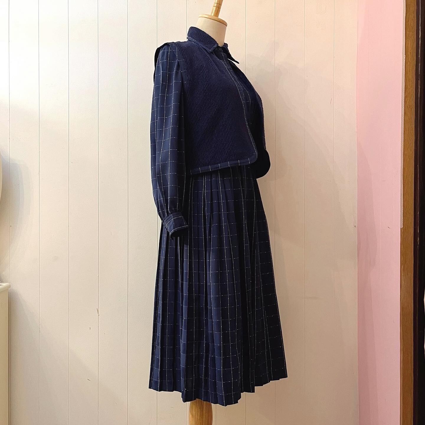 navy white check vest set one-piece