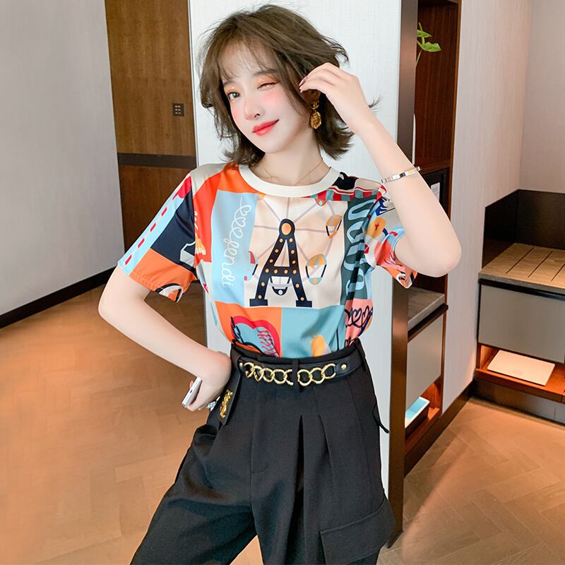 カラープリントラウンドネックTシャツ サマースタイル 夏物 Oネック シルキー MIUCO68258881834