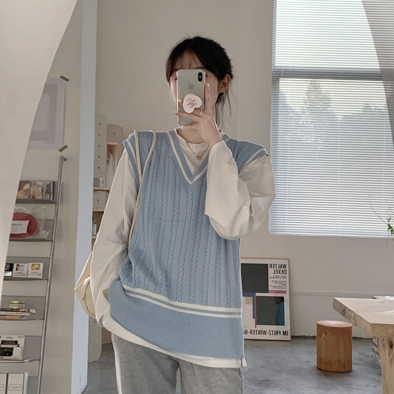 スタイルVネックニットレディーススプリングルーズノースリーブセーター 春物 試着室54747303382